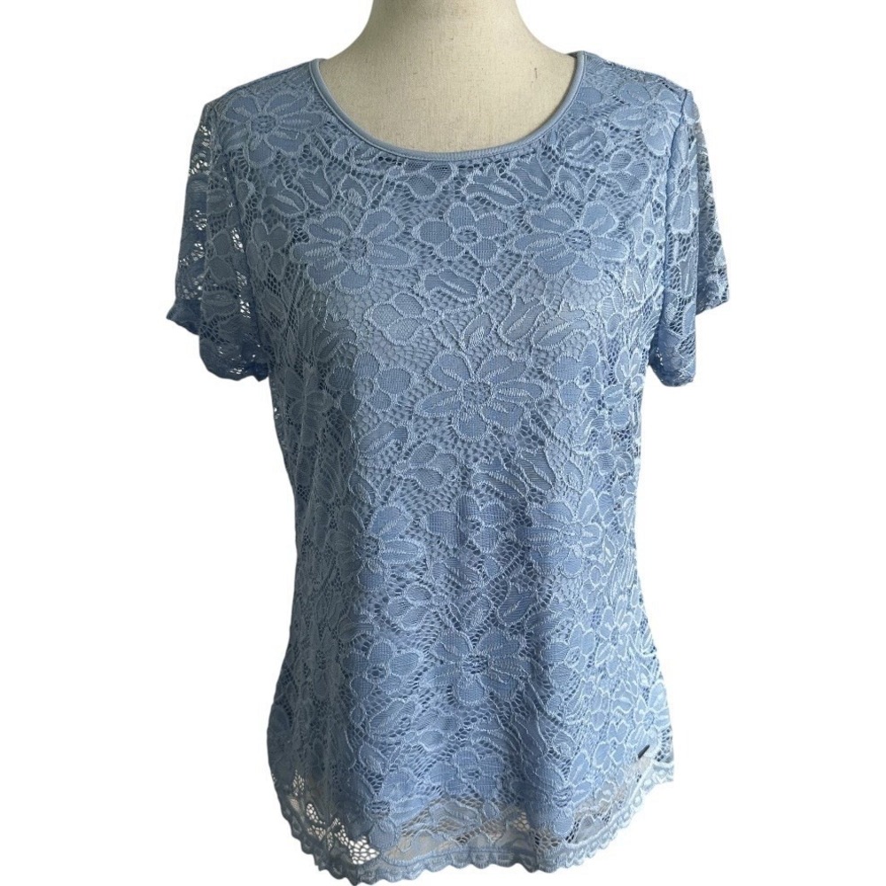 Calvin Klein Short Sleeve Lace Top Shirt Blue Womens Medium Lined | 58-19